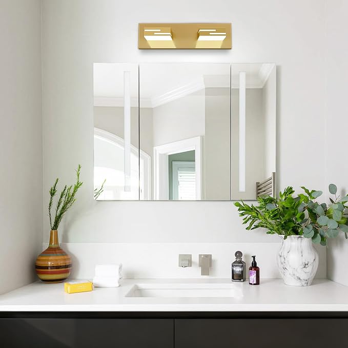 LED Modern Bathroom Vanity Light Fixtures, Dimmable Gold Vanity Lights for Bathroom Lighting Fixtures Over Mirror, with 360° Rotatable Heads 2-Light 16-inch (Cool White 6000K)