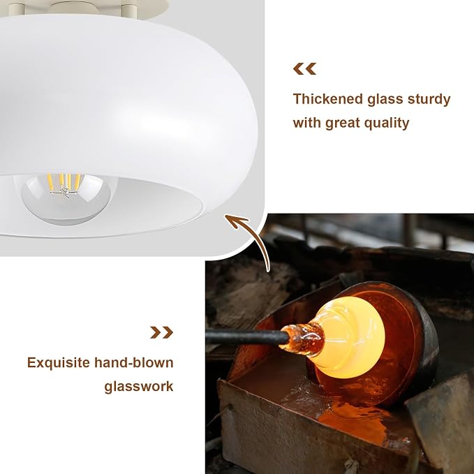 WOKNOS Mid-Century Modern Cream White Semi Flush Ceiling Light 8.66 Inch | Mini White Glass Shade Close to Ceiling Lighting Fixture For Kitchen Entryway Hallway Bathroom Closet Bedroom Laundry Room