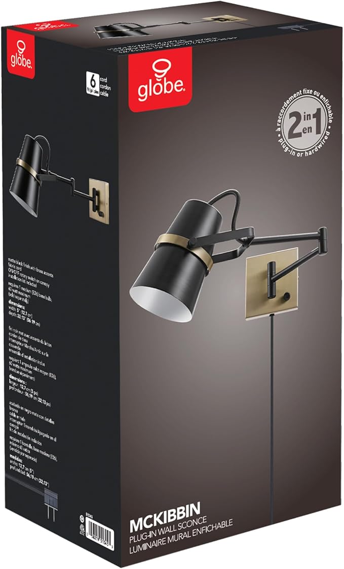 GLOBE Electric 51345 1-Light Plug-in or Hardwire Swing Arm Wall Sconce, Matte Black, Brass Accents, 6ft Black Woven Fabric Cord, Flat Plug, Rotary On/Off Switch, Wall Lighting, Bulb Not Included