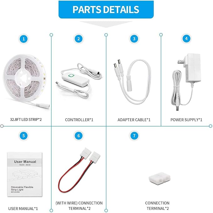 Led Strip Lights 65.6ft White Dimmable Led Light Strip Flexible Rope Lights Kits with 24v Etl Power Supply, Adhesive Clips, Dimmer Switch and Connectors for Indoor Decor