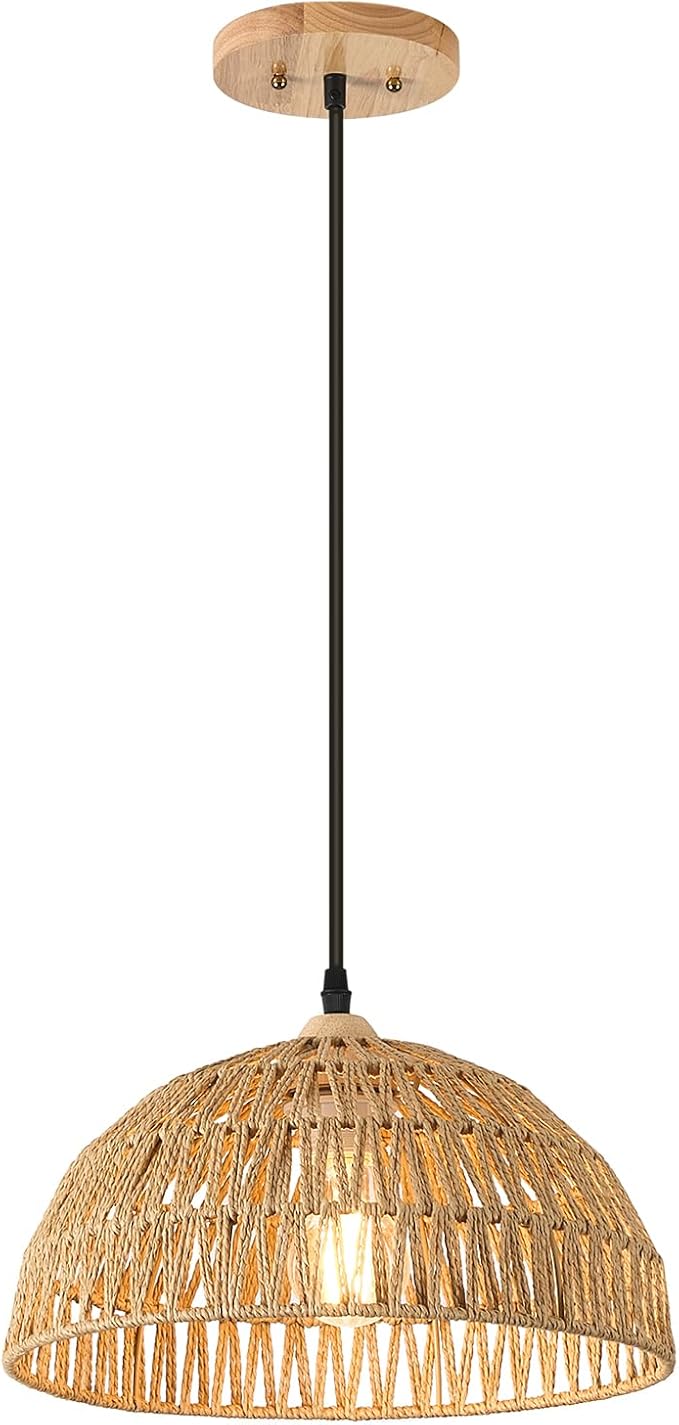 13 Inch Rattan Pendant Lights Farmhouse Boho Chandelier Light Fixture Rustic Wicker Hand Woven Pendant Hanging Light for Dining Room Kitchen Bedroom Foyer Hallway