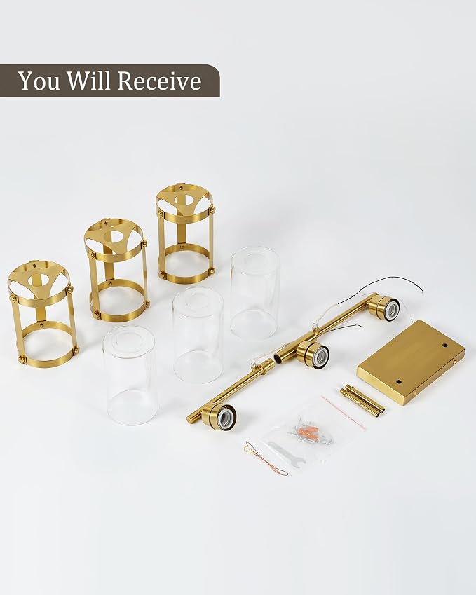 3-Light Brushed Gold Bathroom Light Fixtures, 21 Inch Modern Bathroom Vanity Lighting Fixtures Over Mirror with Clear Glass and Metal Cage Wall Sconce Lights for Bath, E26, OS-3014BG-3W