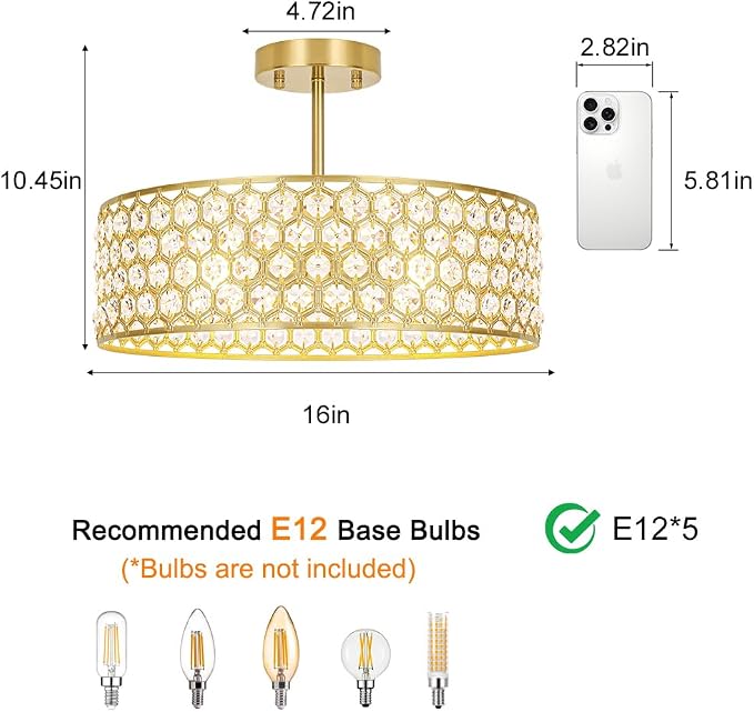 Lxybcce Gold Crystal Ceiling Light Fixture - Modern Semi Flush Mount Ceiling Chandelier Lighting for Kitchen, Dazzling Prism Chandelier for Bedroom, Bathroom, Dining Room, 5 Light, 16 in