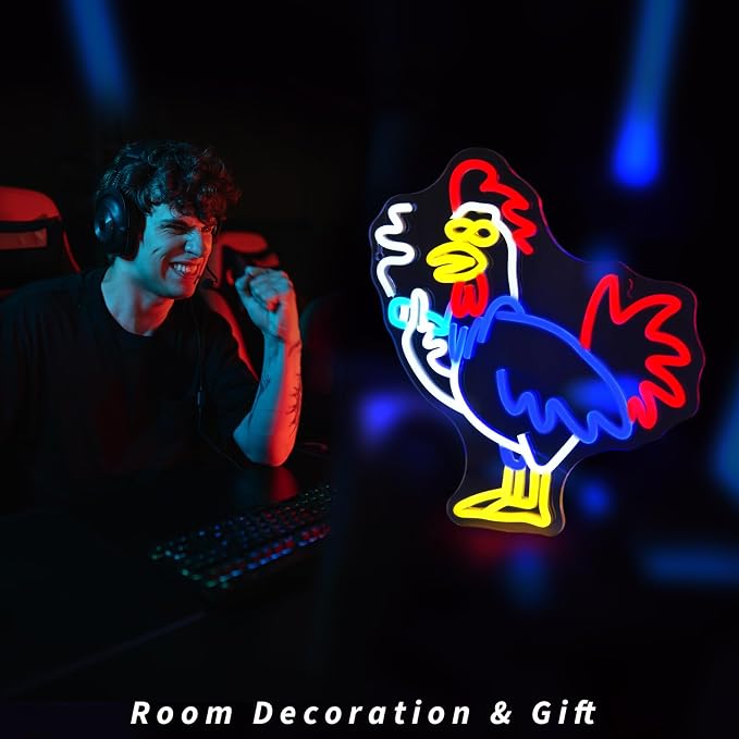 JEDAEMEN Rooster Neon Signs for Wall Decor LED Sign Neon Lights Room Decor | Rooster Led Light Sign Preppy Game Room Decor Light Up Sign for Birthday Party Decoration USB Powered