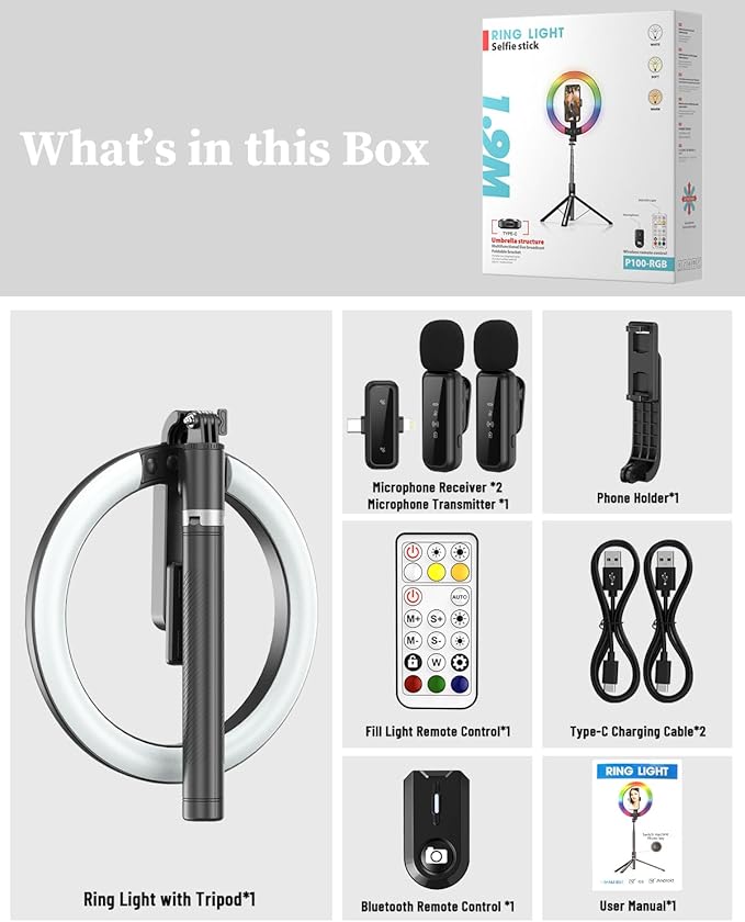 Vlogging Kit for iPhone/Android, 10” Ring Light with Stand, 74” Tripod for iPhone with Light, Microphone, YouTube Starter Kit for TikTok Content Creator