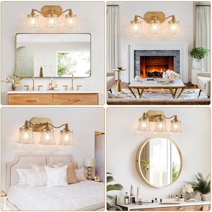 maesta Gold Bathroom Light Fixtures, 3 Light Bathroom Vanity Light, Matte Antique Gold Finish with Crystal Glass Shade, Gold Vintage Vanity Light for Bathroom, Living Room, Bedroom, Hallway