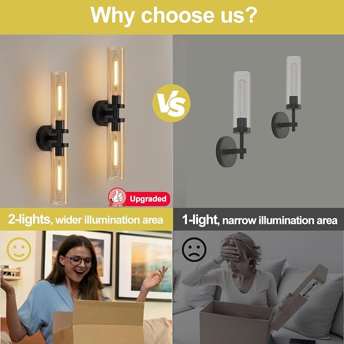 Indoi Wall Sconces Set of Two, Hardwired Matte Black Bathroom Sconces Wall Lights with Amber Glass, Modern Sconces Wall Decor Set of 2 Vanity Light fixtures for Bathroom Mirror Bedroom