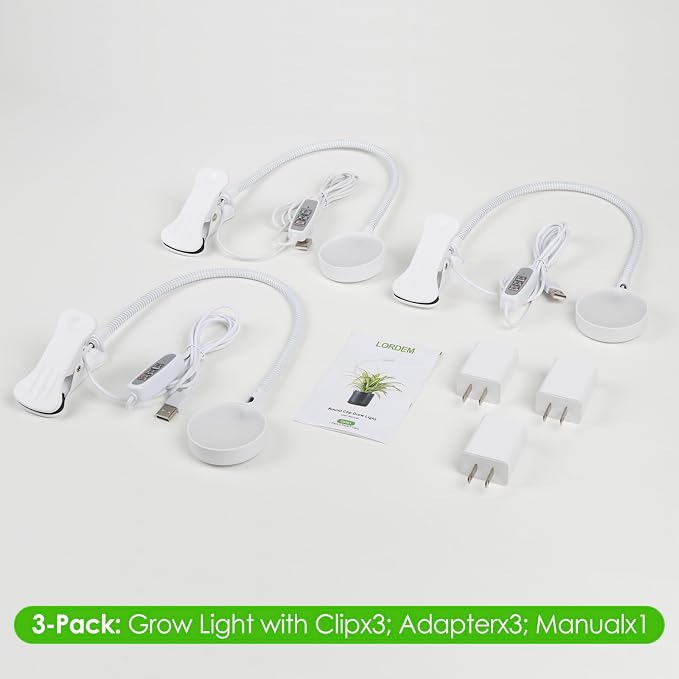 LORDEM Small Pot Clip Grow Light, Full Spectrum LED Plant Grow Lamp for Indoor Growing, Auto On/Off Timer 4/8/12H, Plant Light with 4 Dimmable Brightness Levels, Ideal for Small Indoor Plants, 3 Pack