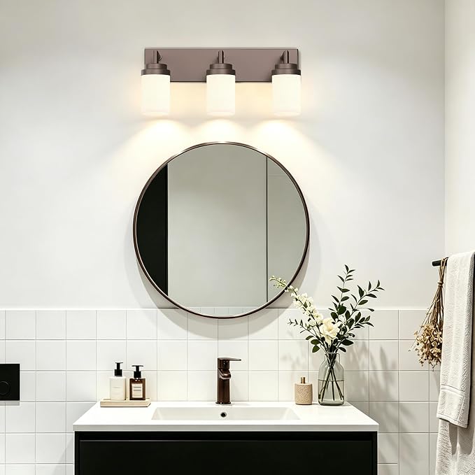 Bathroom Light Fixtures, Oil Rubbed Bronze Bathroom Lighting Fixtures Over Mirror, Modern Vanity Light with White Glass Shade, Restroom Lighting Fixtures, 3-Light 22-inch