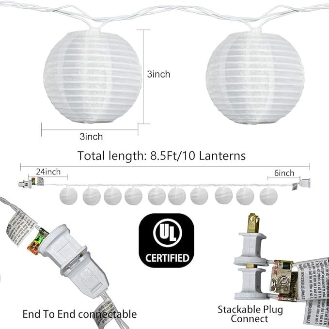 8.5Ft Outdoor White Mini Lantern String Lights, 10 Nylon Lanterns for Patio, Bedroom, Wedding Party Decoration, White Wire
