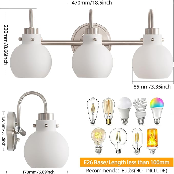 Bathroom Wall Light Fixture Brushed Nickel 3 Light Vanity Light | Wall Sconce with Milk Globe Glass Shade Bath Wall Lamp over Mirror Farmhouse Wall Mount Light for Living Room Bedroom Hallway