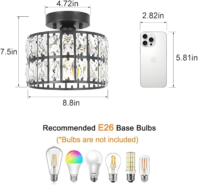 Lxybcce Crystal Ceiling Light Fixture, Modern Matte Black Crystal Chandelier, Small Semi Flush Mount Ceiling Lighting, Round Hallway Lighting for Kitchen Entryway Bedroom Bathroom, 1-Light, 9 Inch