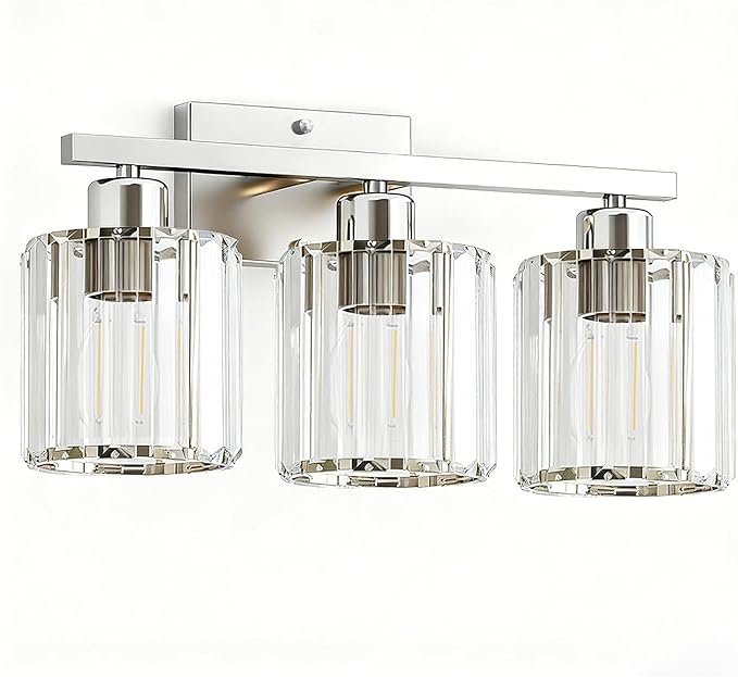 GOLSPARK Modern Crystal Bathroom Vanity Light, Brushed Nickel Bathroom Lighting fixtures Over Mirror, 3-Light Vanity Light Fixtures, E26 Base Crystal Round Shades for Bathroom, (Exclude Bulb)
