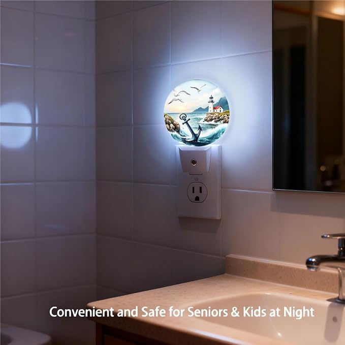 Plug-in Seascape Night Light Anchor Lighthouse and Seagulls at Sunset Nightlight with Dusk to Dawn Sensor, Auto On/Off 0.5W Energy-Saving LED Lighting for Men Women Boys Girls Gift