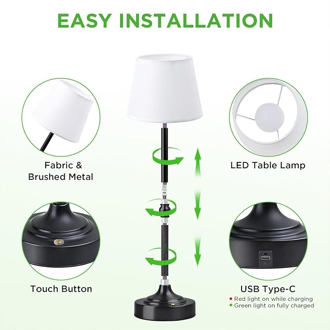 LUTEC Cordless Table Lamp, Battery Operated Lamp with 3 Color Temps and Stepless Dimming, 5200mAh Portable Rechargeable Table Lamp for Restaurant/Bedroom/Bars/Outdoor (Black)
