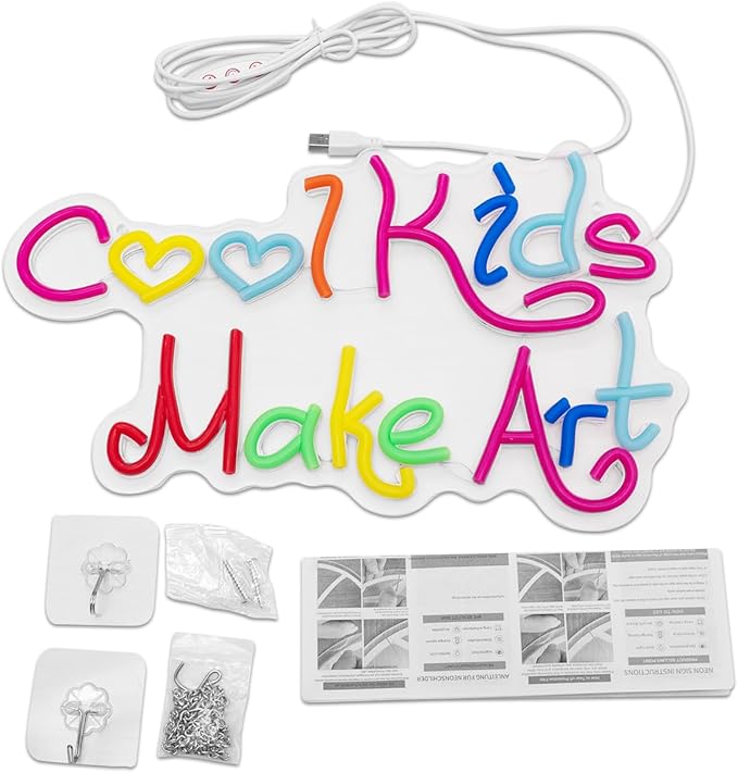 Cool Kids Make Art Neon Sign for Classroom, Art Neon Light Wall Decor, Kids Neon Light Sign Colorful Letter Led Neon Lights for Bedroom Library School Decoration 14.17 x 8.27 inch