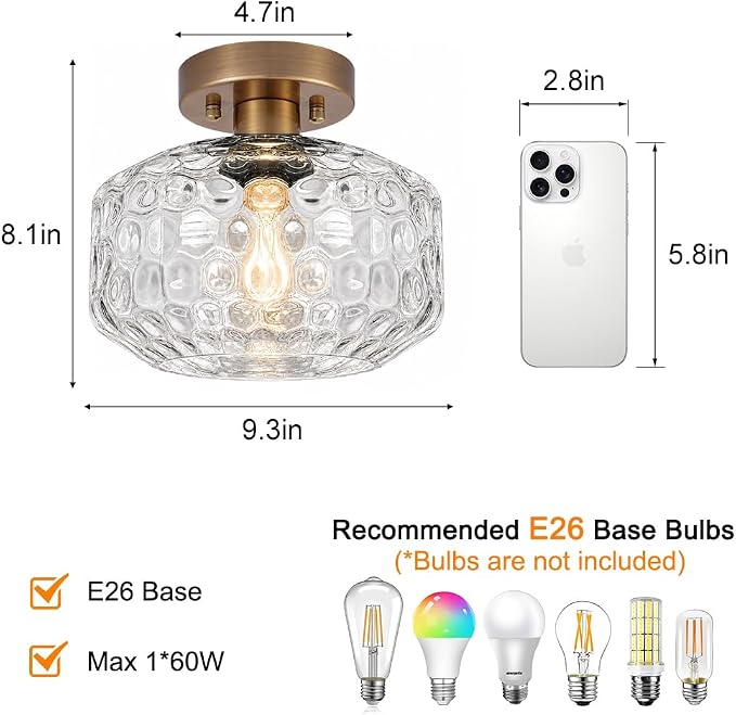 Brushed Antique Brass Semi Flush Mount Ceiling Light, Vintage Small Ceiling Light Fixture, Hallway Lighting Fixture with Hammered Glass, Kitchen Ceiling Mount Light for Entry Way, Bedroom, Bathroom