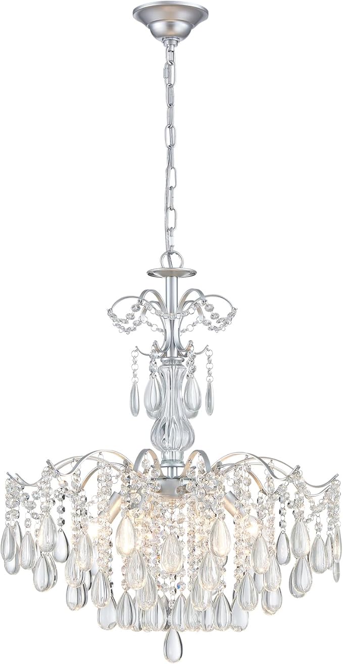 WUZUPS 6-Light Crystal Chandelier Pendant Ceiling Light Modern Lighting Fixture for Bedroom Hallway Bar Kitchen Bathroom, H 25.6" W21.7, E12 Base, Silver