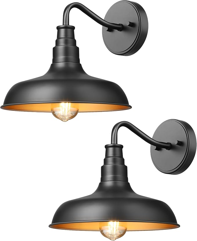 DEWENWILS 2 Pack Outdoor Wall Light, Gooseneck Barn Light Fixture, Black Matte Wall Mount Lantern, Farmhouse Outside Wall Sconce, Exterior Porch Light for House Frontdoor Entryway Garage