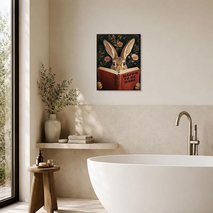 NSFBESSLIA Funny Reading Hare Painting, Whimsical Vintage Animal Decor, Happy To Be Hare, Humorous Wall Art for Living Room Bedroom Entryway, 8x10 Inch