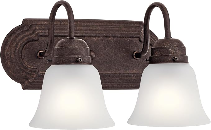 Kichler 2-Light Bathroom Vanity Light, Tannery Bronze | Traditional vanity light with satin etched glass for bathroom mirrors (12.25" x 8" x 8")