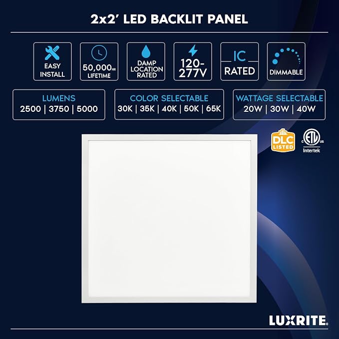 LUXRITE 2x2 FT LED Flat Panel Light, 5CCT Color Selectable 3000K 3500K 4000K 5000K 6500K, Wattage Selectable 20W/30W/40W, 5000 Lumens, LED Drop Ceiling Lights, 0-10V Dimmable, DLC & ETL (8 Pack)