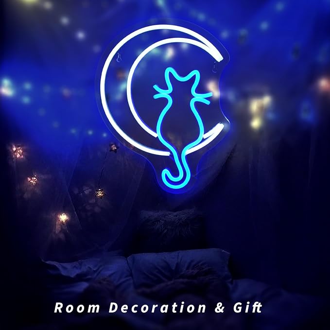 JEDAEMEN Moon Cat Neon Signs for Wall Decor White Blue LED Sign Neon Lights | Moon Cat Led Light Sign Preppy Room Decor Light Up Sign for Birthday Party Decoration USB Powered