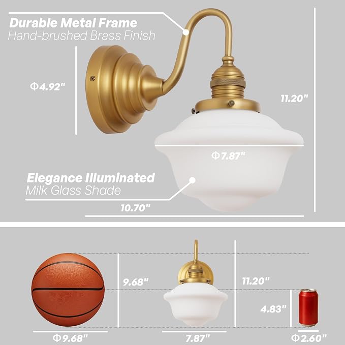 Vintage Wall Sconce Brass Gold Milk Glass Bathroom Vanity Light | 1 Pack,Bathroom Light Fixtures,Antique Brass,Frosted Milk Glass,Hardwired Only,E26 Base,for Bathroom Mirror Hallway