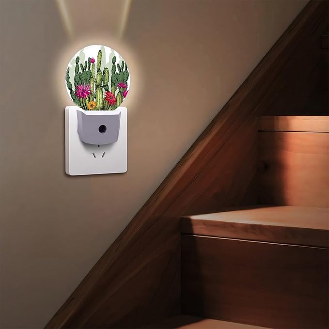 Round LED Night Light,Green Flowers Cactus Plants LED Night Light Plug into Wall with Dusk to Dawn Light Sensor White Energy Efficient Nightlight for Bedroom Hallway Living Room Kitchen