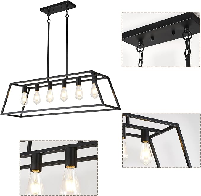 Farmhouse Rectangle Chandeliers for Dining Rooms, Modern Linear Hanging Light Fixture Matte Black 6-Light Industrial Pendant Lighting for Kitchen Island