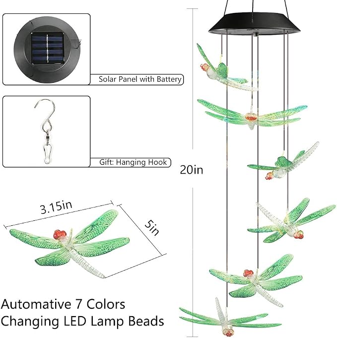 Toodour Solar Wind Chimes Outdoor, Color Changing Solar Lights Dragonfly | Gifts for Mom Grandma, Waterproof Decorative Mobile Light, Gardening Gift for Garden,Patio, Window, Yard, Outdoor Decor
