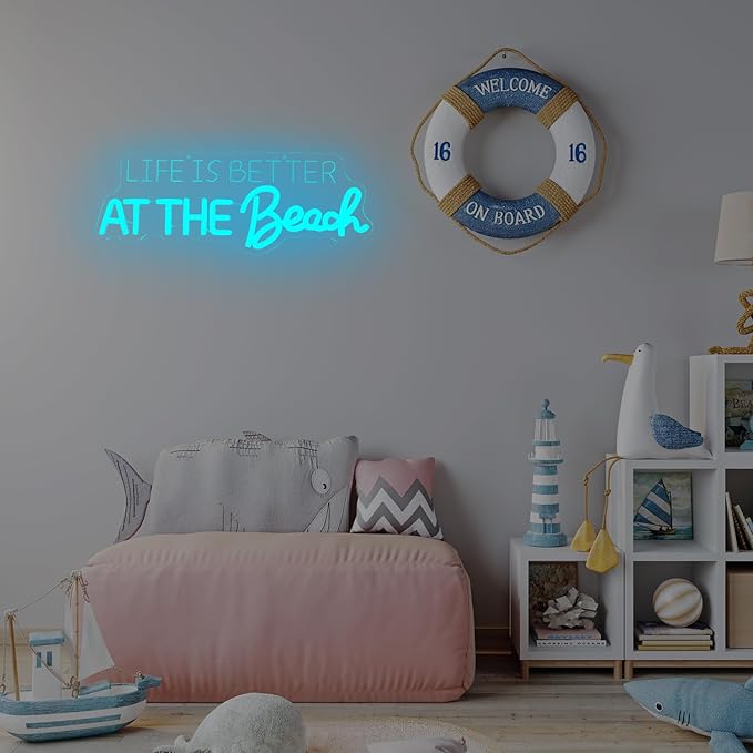 Life Is Better At The Beach Neon Sign for Coastal Wall Decor Beach Decor Led Sign Dimmable Neon Light Up Sign for Home Bathroom Coastal Wall Art Boho Surfer Theme Party Living Room