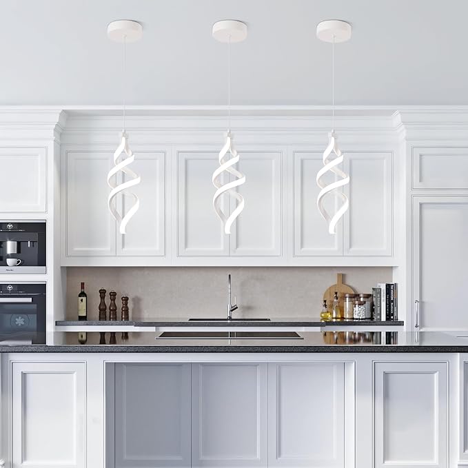 Modern Led Pendant Light Fixture, 15W White Spiral Led Chandelier Hanging Lamp, 4500K Daylight White Pendant Lamp, Adjustable Height Pendant Light for Kitchen Dining Room Bedroom Kitchen Island Cafe