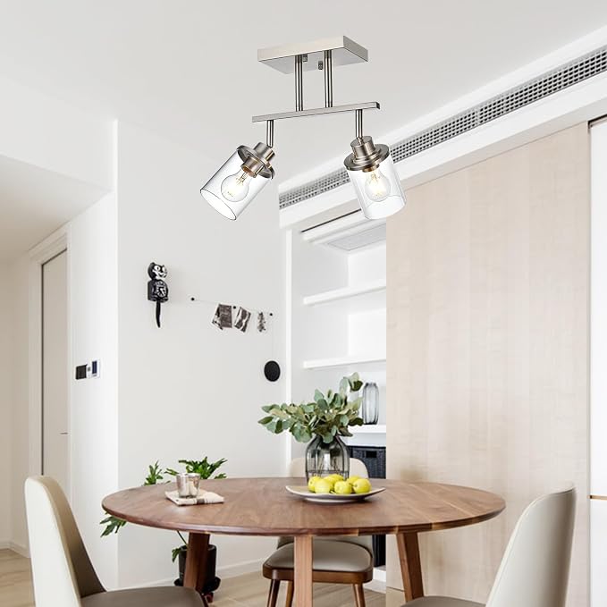 Yaohong 2-Light Track Lighting Kit Brushed Nickel Track Lighting Fixtures, Bathroom Wall Light Ceiling Mount Rotatable Spotlights, Kitchen Ceiling Light Fixtures with Glass Shade for Bathroom Hallway