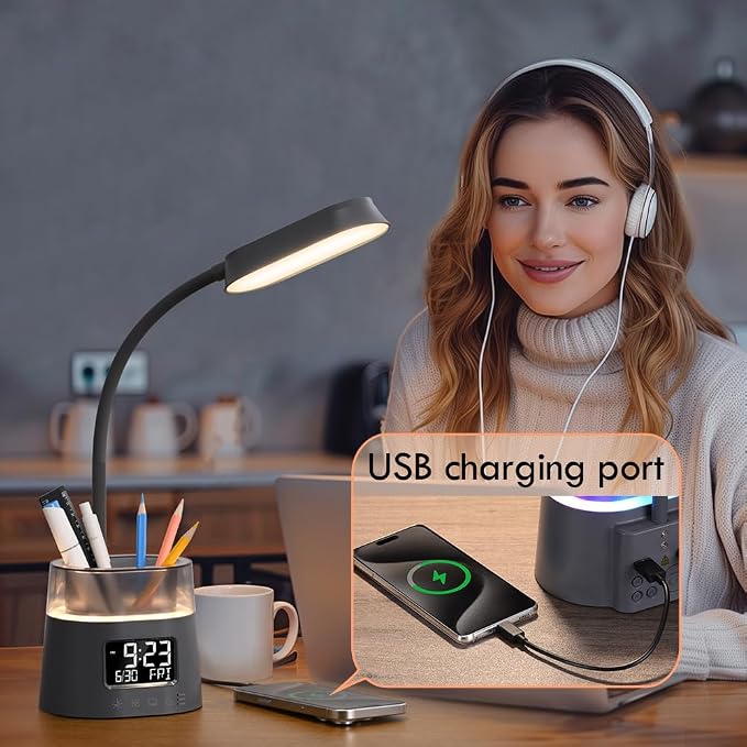 WILIT LED Desk Lamp for College Dorm Room Essentials, Students Study Lamp with USB Charging Port, Pen Holder, Clock & RGB Night Light, Office Desk Accessories, Table Lamp for Bedroom - Gray