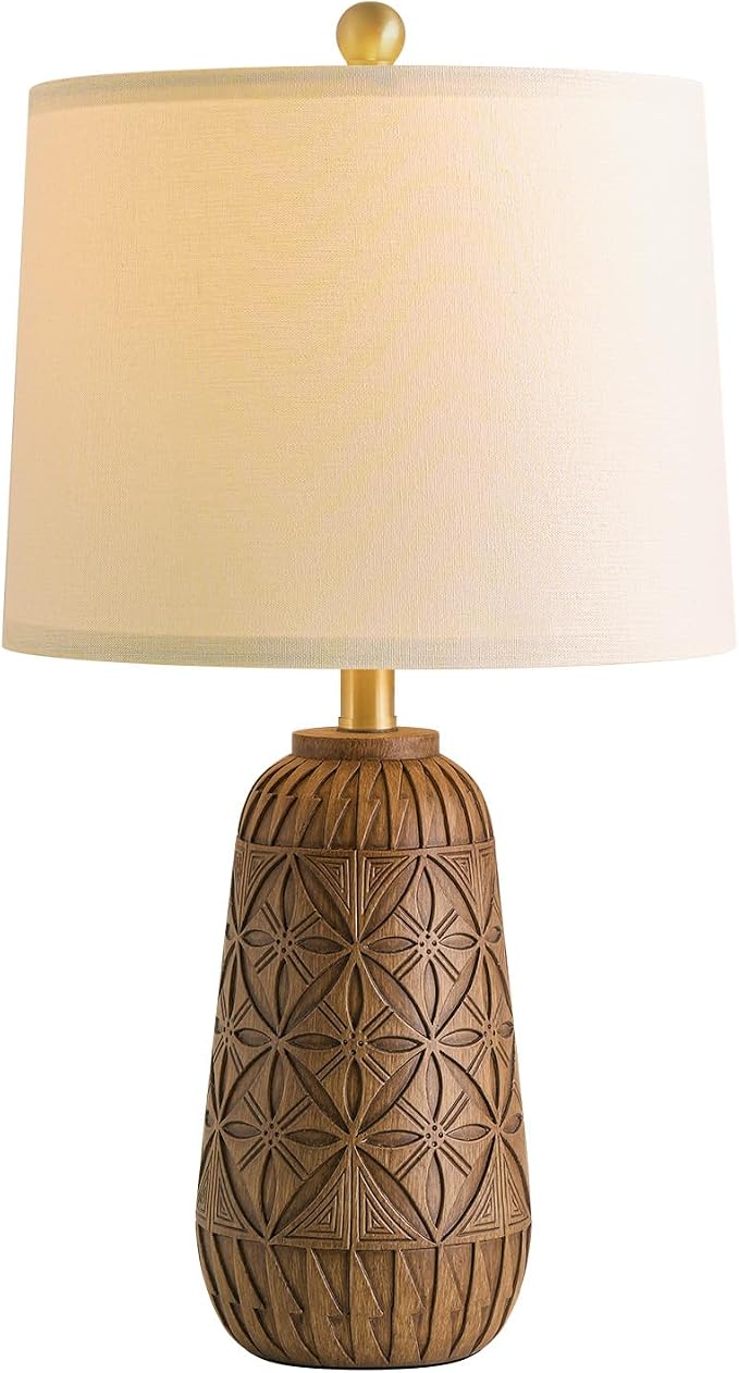 BOBOMOMO 24" Modern Farmhouse Table Lamp, Geometric Hand-Carved Resin Bedside Lamp with Wood Grain Finish, Rustic Nightstand Lamp for Bedroom & Living Room, Cottage Decor, Rotary Switch