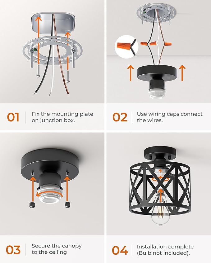 2Pack Farmhouse Semi Flush Mount Ceiling Light Fixture E26 | Black Metal Cage Industrial Suitable for Kitchen, Bedroom, Foyer, Entryway, Laundry Room, Hallway 8 Inch