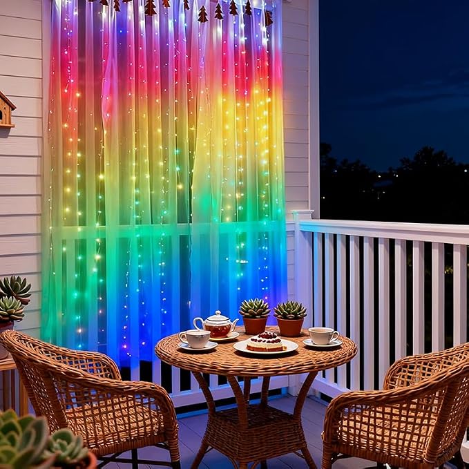300LED Fairy Curtain Lights, 9.8x9.8Ft Warm White USB Plug in 8 Modes & Timer Christmas String Hanging Lights with Remote for Bedroom Indoor Outdoor Weddings Party Wall Decorations(rainbow)