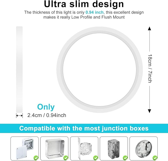 libtit 7 Inch White Flush Mount Ceiling Light, 15W 1500Lm Ceiling Light Fixture,3000K/4000K/6500K Color Selectable,Ultra-Thin Round Ceiling Lighting Fixture for Bedroom Kitchen Pantry Basement