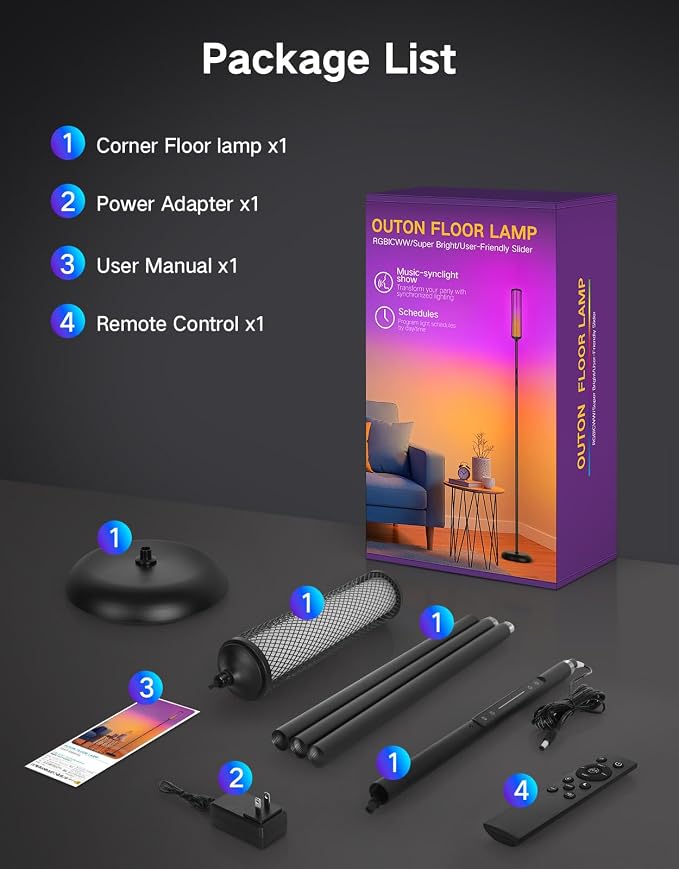 OUTON LED Floor Lamp with Remote & APP Control, Tall Standing Lamp, 16 Million Colors, 32 Scene Modes & Music Sync, Modern Corner Lamps for Living Room, Bedroom, Gaming, Black & Metal Lampshade