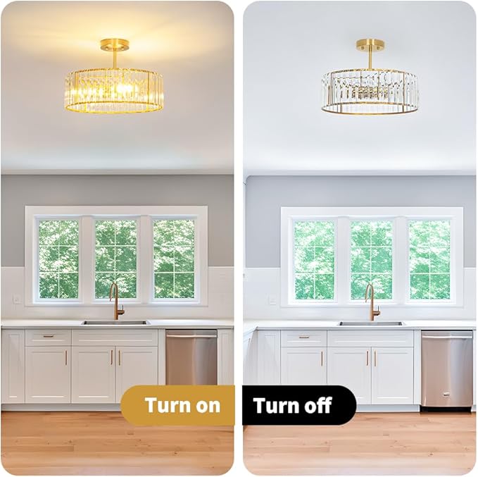 Modern Crystal Ceiling Light Fixture, Semi Flush Mount Ceiling Light, Brushed Brass Hallway Lighting Fixtures Chandelier, Crystal Chandelier for Kitchen Bedroom Dining Room Closet, 5-Light, 16 Inch