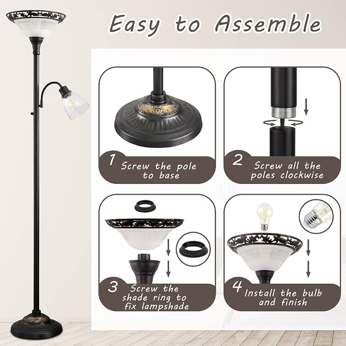Floor Lamps for Living Room, 70" Floor Lamp Standing Torchiere Lamp with Etched Glass Shade, Metal Pole & Heavy Base, Vintage Tall Corner Lamp Decor for Bedroom, Living Room, Office. No Bulbs (2 Head)