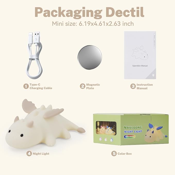 AVEKI Cream Dragon Night Light, Cute Baby Dragon Lamp Gifts for Kids, 10 Modes Adjustable Soft Silicone Baby Night Light for Nursery, Rechargeable Bedside Touch Lamp for Kids Room Bedroom