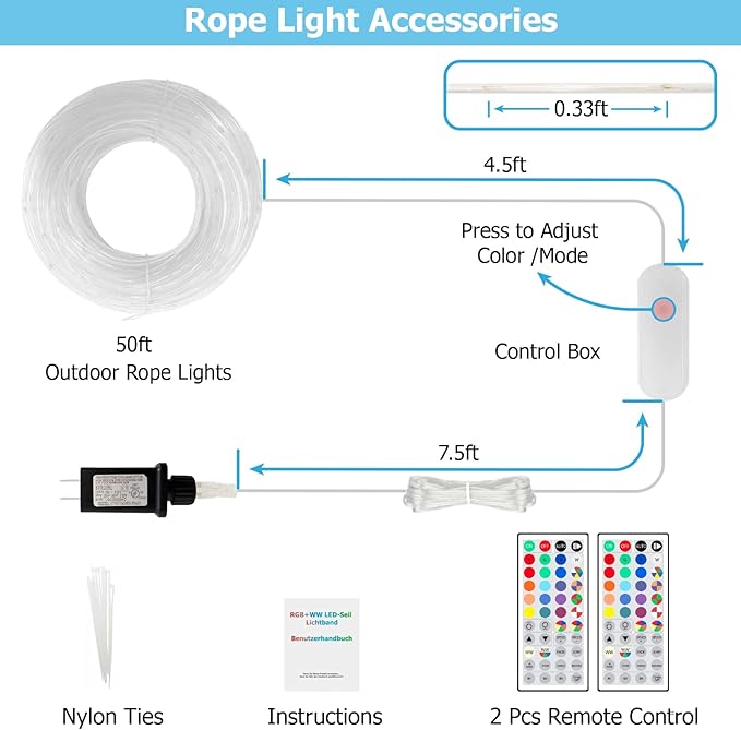 50ft LED Rope Lights 25 Colors, Outdoor IP68 Waterproof Warm White RGB Tube String Lights with 149 Modes and 4 Brightness, Rope Lights for Outside, Yard, Deck, Fiesta Party, Birthday Decorations