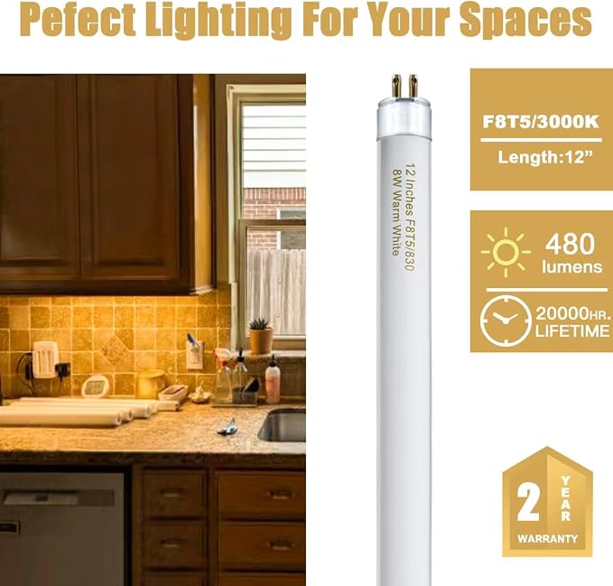 Konideke 8 Pack F8T5/WW Fluorescent Bulbs Warm White 3000K, 12 inch Under Cabinet Light Bulb, T5 8 Watt Fluorescent Tube Soft White, G5 Mini Bi 460 Lumens No Dimmable