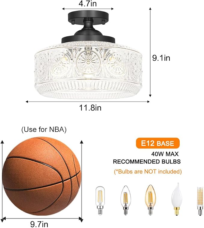 DSMJFU Black Semi Flush Mount Ceiling Light, 3-Light Vintage Ceiling Light Fixture, Hallway Lighting Fixture with Thickened Glass, 12In Kitchen Ceiling Mount Light for Entryway Bedroom Bathroom, E12*3
