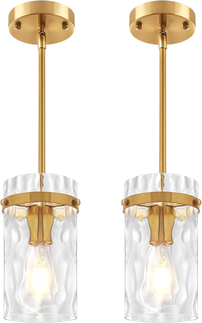 2 Pack Brushed Gold Pendant Lights Kitchen Island, Hammered Glass Kitchen Pendant Lighting Over Island Hanging Hallway Light Fixtures Adjustable Modern Pendan Light for Bathroom Entryway Dining Room