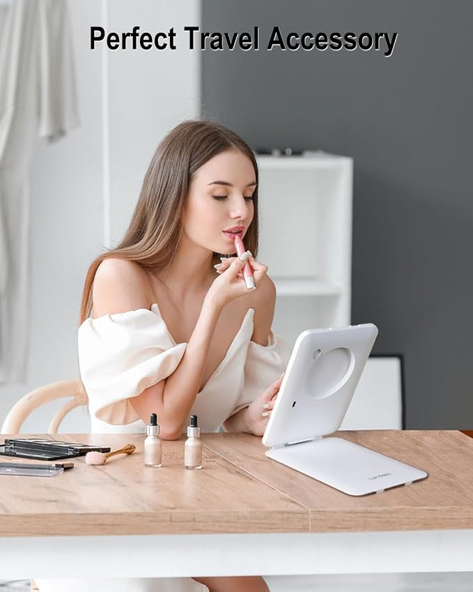 Rechargeable Travel Makeup Mirror with Light,7x5 inches Portable Lighted Vanity Mirror with Small 10X Magnifying, LED 3 Color Dimmable, Tabletop Folding Compact Mirror