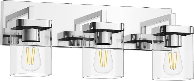 Chrome Bathroom Vanity Light, Square Design 3 Lights Morden Vanity Lighting Fixtures Over Mirror, Bathroom Light Fixtures for Living Room/Bedroom