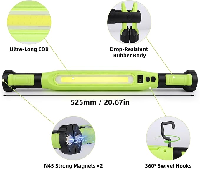 YXQUA Under Hood Work Light, 3000LM IP66 Magnetic COB Cordless | 4 Modes, Red SOS, 360 Degree Swivel Hooks, Clamps, Type-C, for Mechanic, Vehicle Inspection, Garage, Workshop, Hands-Free
